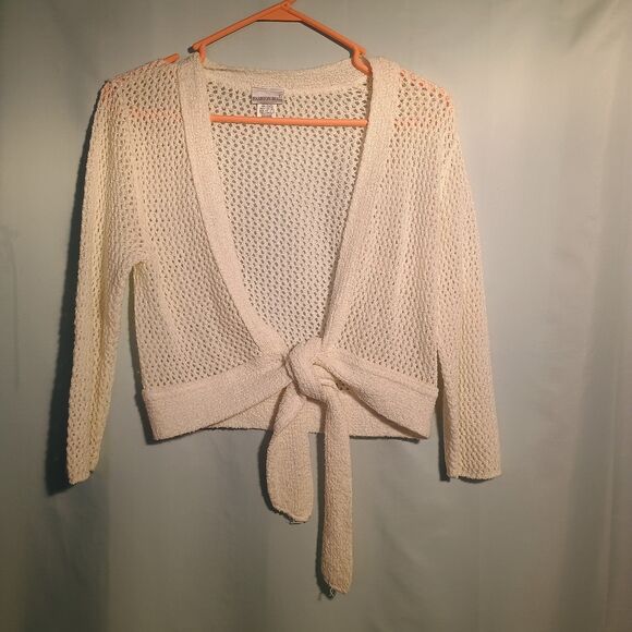 Women’s White Open Knit Tie Front Cardigan Sweater Long Sleeve Lightweight. - Picture 1 of 4